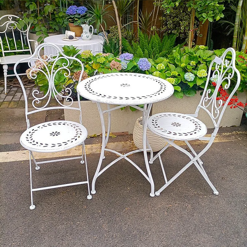 French Country Iron Table and Chairs Outdoor Patio Furniture for Garden White Metal Backrest Seat Balcony Rustic Garden Chairs image 2