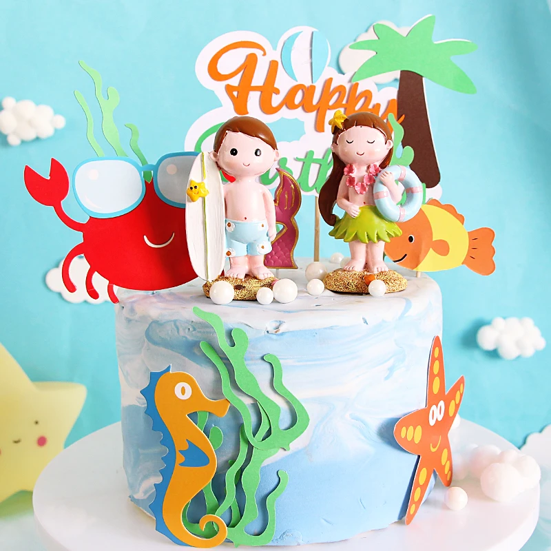 

Hawaiian Party Birthday Cake Topper Baking Decoration Cartoon Male Female Doll Ornaments Dolphin Starfish Seaweed Cupcake Card