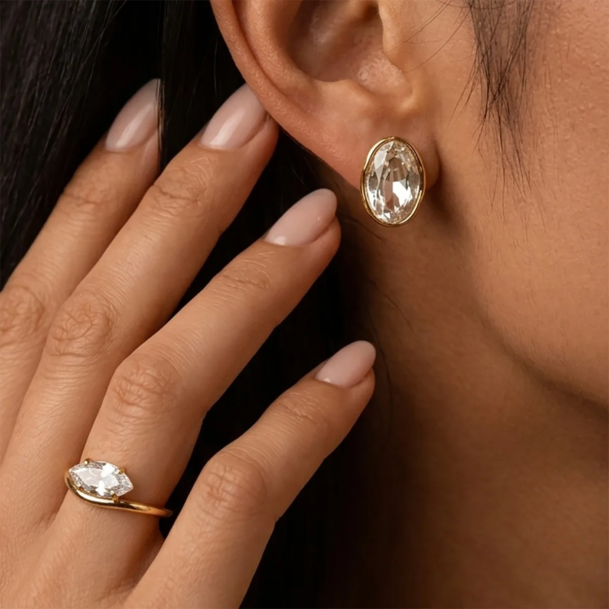 Marquise Zircon Stainless Steel Earrings Faceted Geometric  French Style for Women Daily Office Hypoallergenic Silver