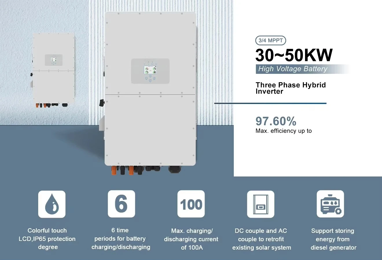 New Design  50kw EU Market High Voltage Battery Three Phase Hybrid 30KW 40KW 50KW Controller Solar Power Inverter