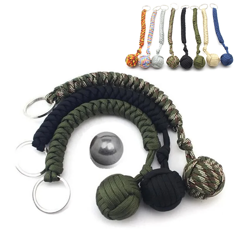 Outdoor Self Defense Key Chain Emergency Survival Protecting Monkey Fist Steel Ball Bearing Parachute Lanyard Camping Paracord