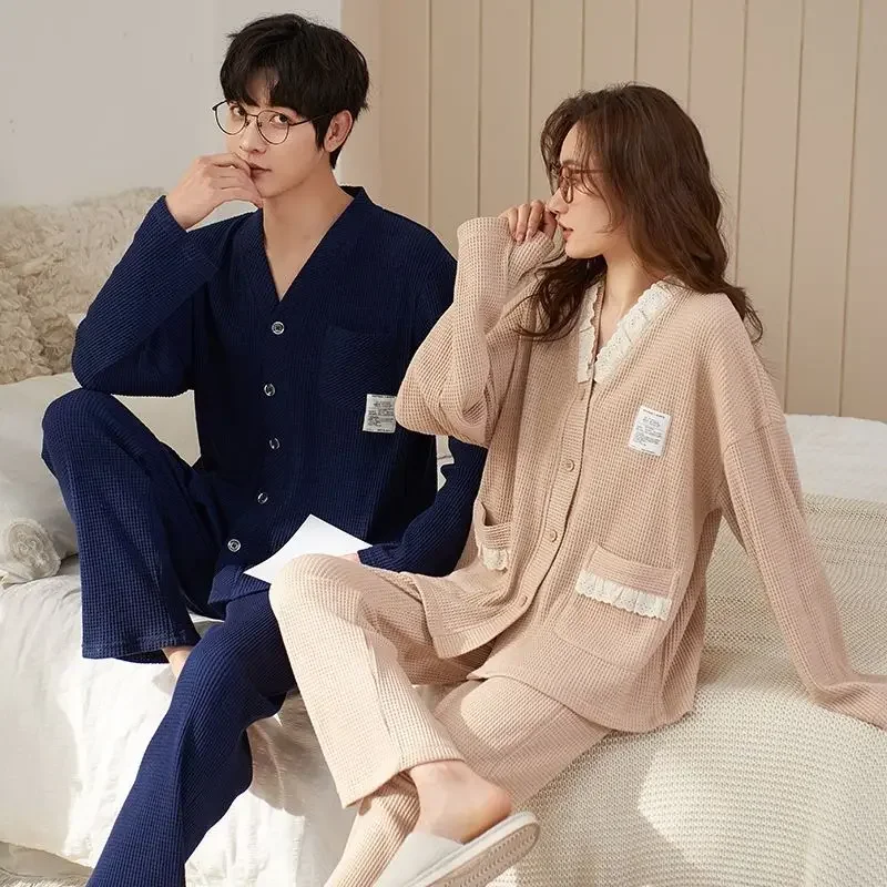 Long-sleeved Suit Leisure and Simplicity Men's and Women's Homewear Couple Pajamas Spring Autumn Can Be Worn Outside Pure Cotton