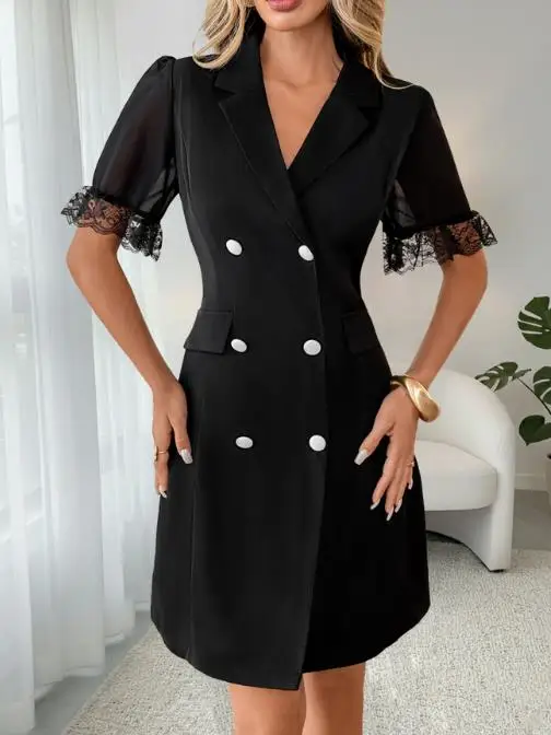 

Womens Dresses 2026 New Spring Solid Color Notched Collar Lace Patchwork Short Sleeve Commuter Double Breasted Blazer Dress