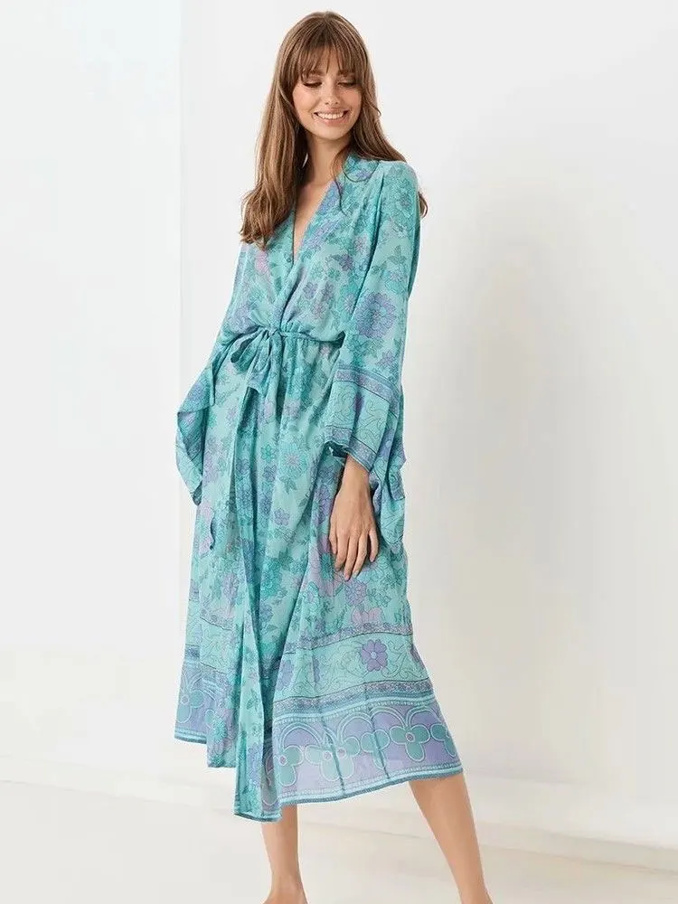 Bohemian Printed Self Belted Loose Summer Beach Tunic Plus Size Long Kimono 2022 Women Street Wear Casual Maxi Dress A165