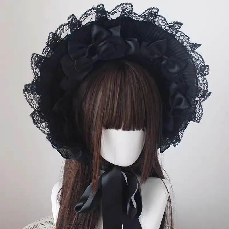 Nowa oryginalna czapka Harajuku Retro Handmade Gothic Lace Bow Flat Cap Sweet Lolita Cosplay Dress up Dark Bonnet Hat Akcesoria do włosów