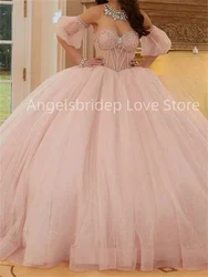 Angelsbridep Light Pink Off Shoulder Ball Gown 15 Year Old Quinceanera Dresses 2025 With Bow Shiny Princess Vestidos De Xv Años