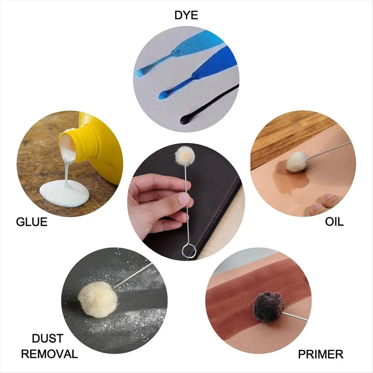 A77K 200 Pcs Wool Daubers for Leather Dye Wool Ball Brush Dyeing with Metal Handle for Leather Working Crafting DIY Projects