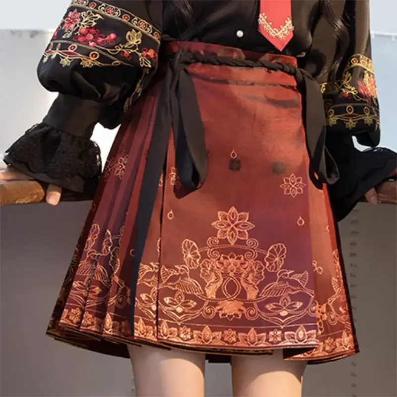 Summer Ming Dynasty Retro Red Goldfish Printed Short Hanfu Horse Face Skirt Chinese Style Skirt Women Improved Cute Lolita Skirt