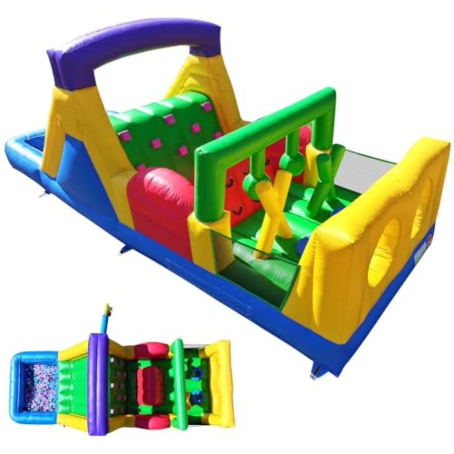 

22FT Commercial Bounce House Obstacle Course for Big 3-8 Inflatable with 950W Blower Large Slide Wet Dry Pool Blue and Yellow D