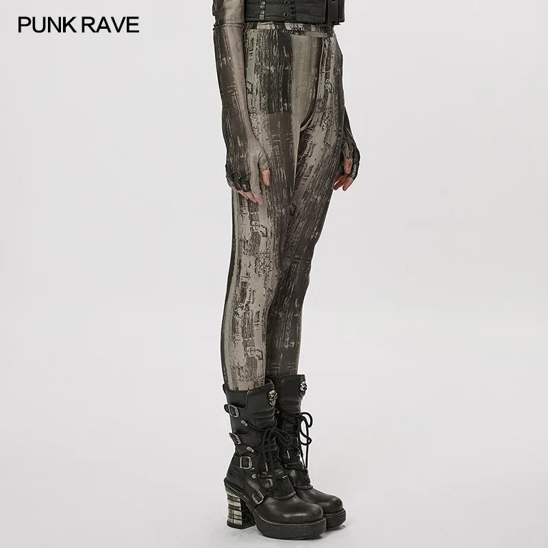 PUNK RAVE ผู้หญิงโพสต์-apocalyptic Techwear แน่นพิมพ์ตาข่ายผุความรู้สึกเซ็กซี่บุคลิกภาพ Street สวมกางเกง