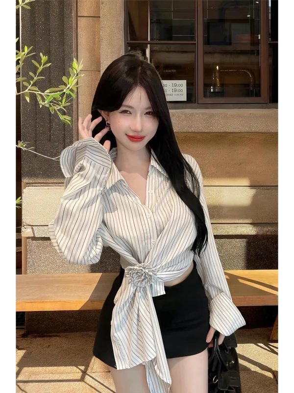 

Slimming Striped Long Sleeve Asymmetric Design Women's Shirt Trendy Chic Style Loose Fit Versatile Autumn New Arrival Top