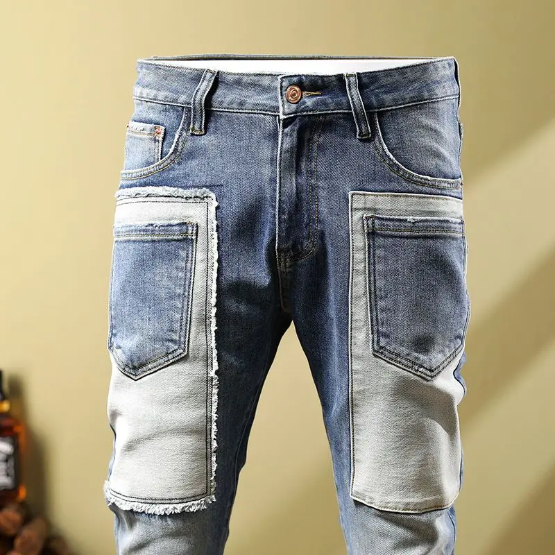 2022 Trendy fashion patch trend jeans for men slim casual scraped stretch pants feet  men jeans  ripped jeans
