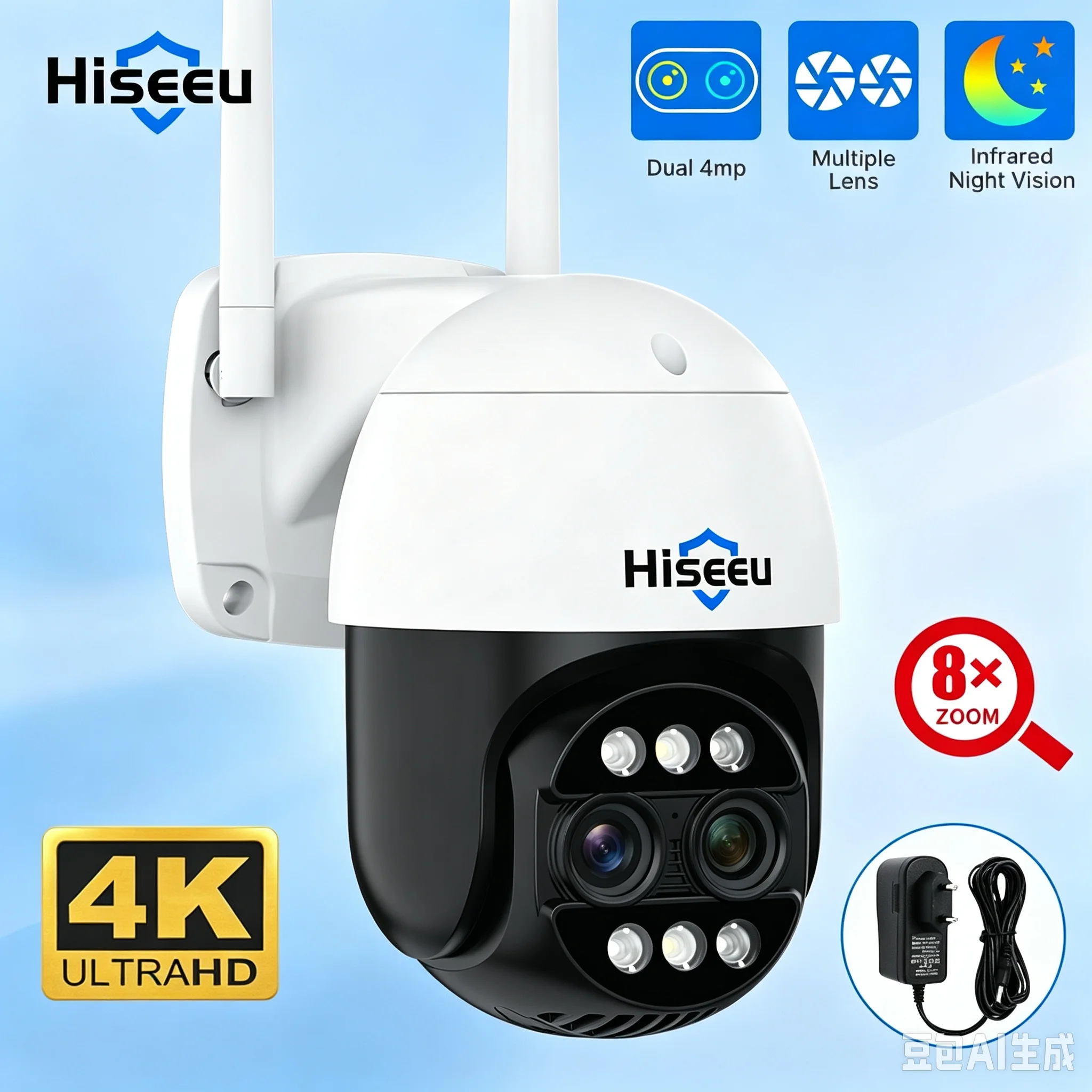 Hiseeu 8MP PTZ WLAN-Kamera mit Dual-Objektiv, 8-fach Zoom, für den Außenbereich, hochauflösend, Zwei-Wege-Audio, automatische Verfolgung, Onvif-Überwachungskamera