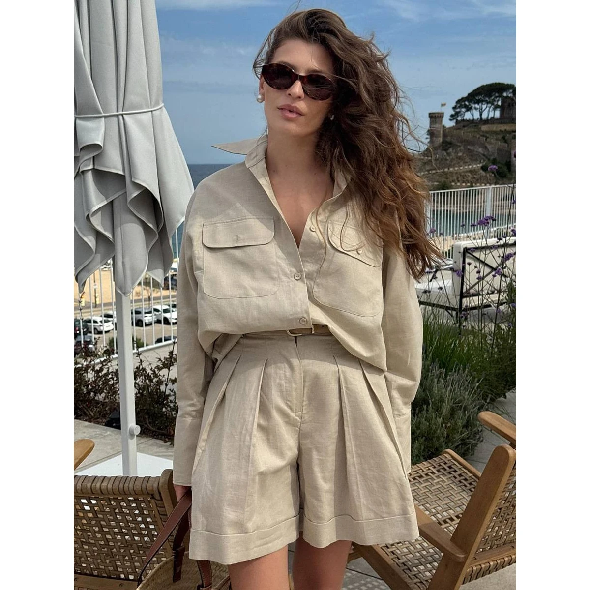 

Women's Pure Cotton Long Sleeve Shirt Shorts Set Loose Breathable Casual Fashionable Summer New Style Comfortable Ensemble
