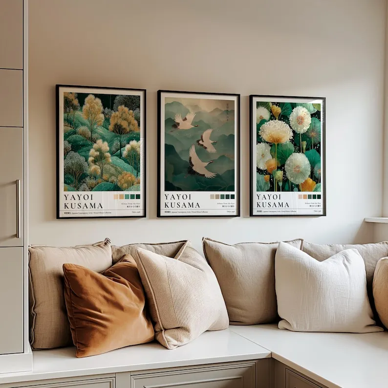 1/3pcs Japanese Yayoi Kusama Dandelion Canvas Poster Crane Forest Green Plants Wall Art Print for Modern Living Room Home Decor view 3