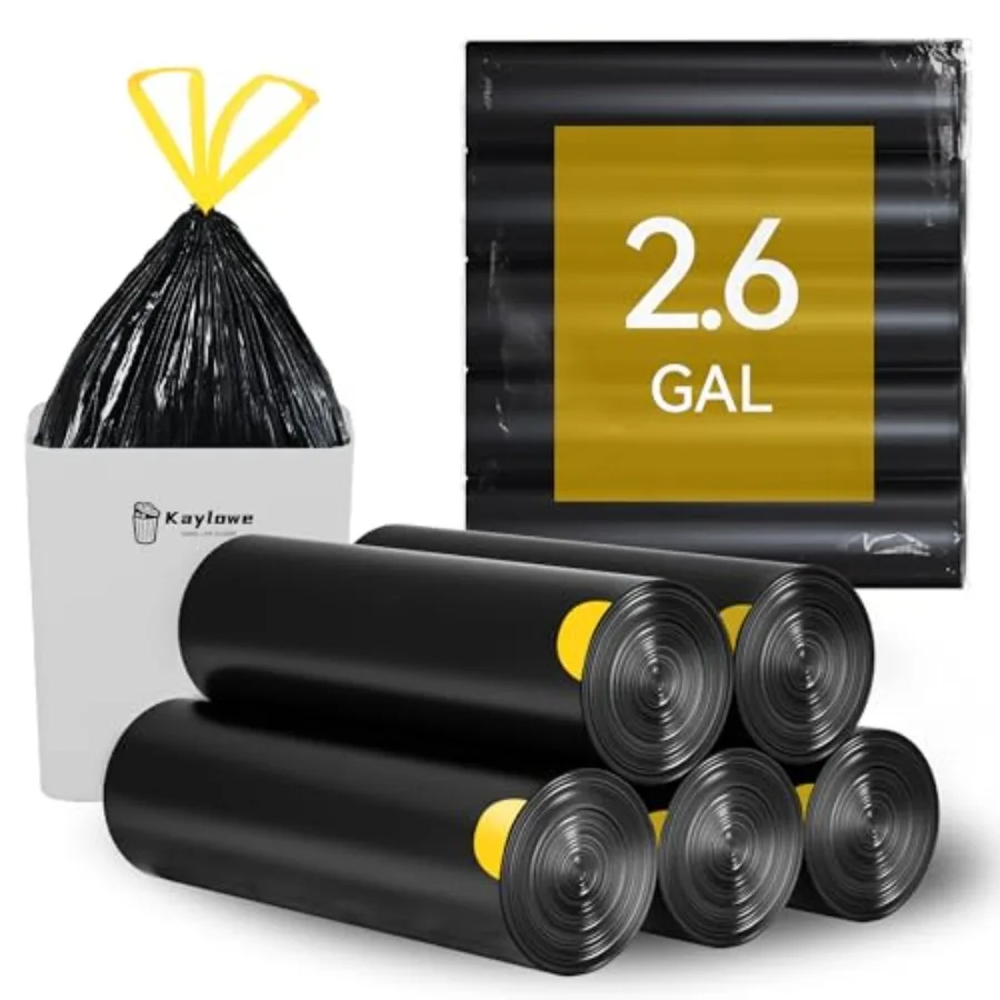 

Small Trash Bags 2.6 Gallon Drawstring Garbage Bags Portable PE Trash Bag 5 Rolls 75 Count Strong Rubbish Bag for Office Bedroo