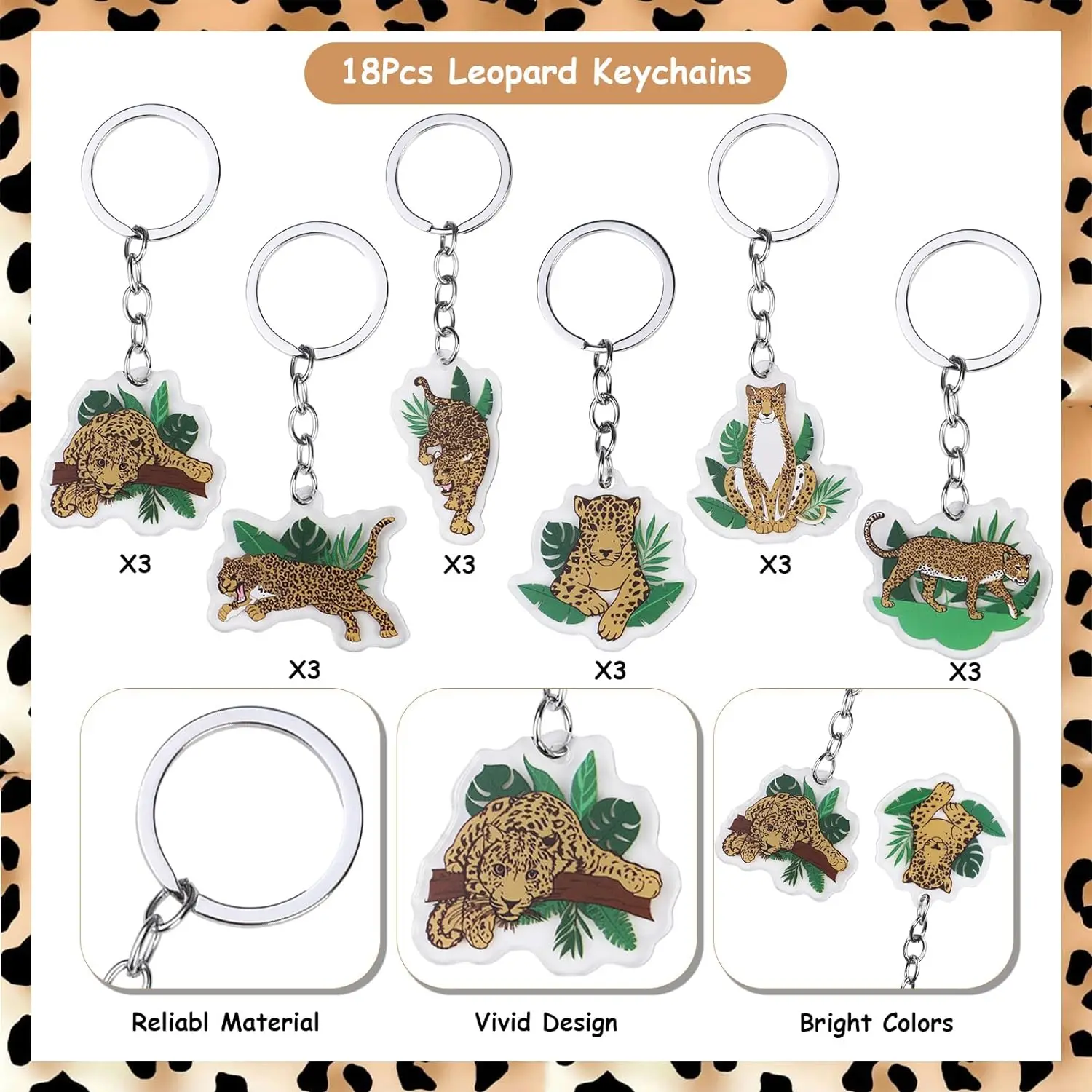 Imagem -02 - Cheetah Keychain Party Favor Safari Selva Animais Leopardo Baby Shower Suprimentos Decoração de Aniversário Prêmios Presentes 18 Pcs