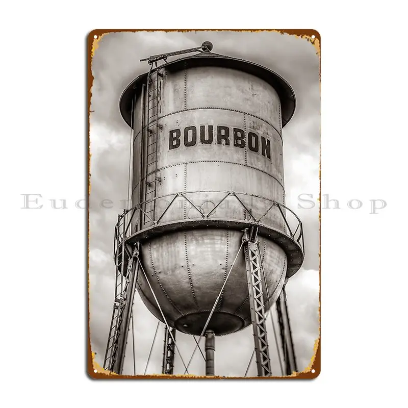 Bourbon Sepia Whiskey Water Tower Barrel And Cloudy Skies Metal Sign Mural Funny Personalized Decoration Tin Sign Poster