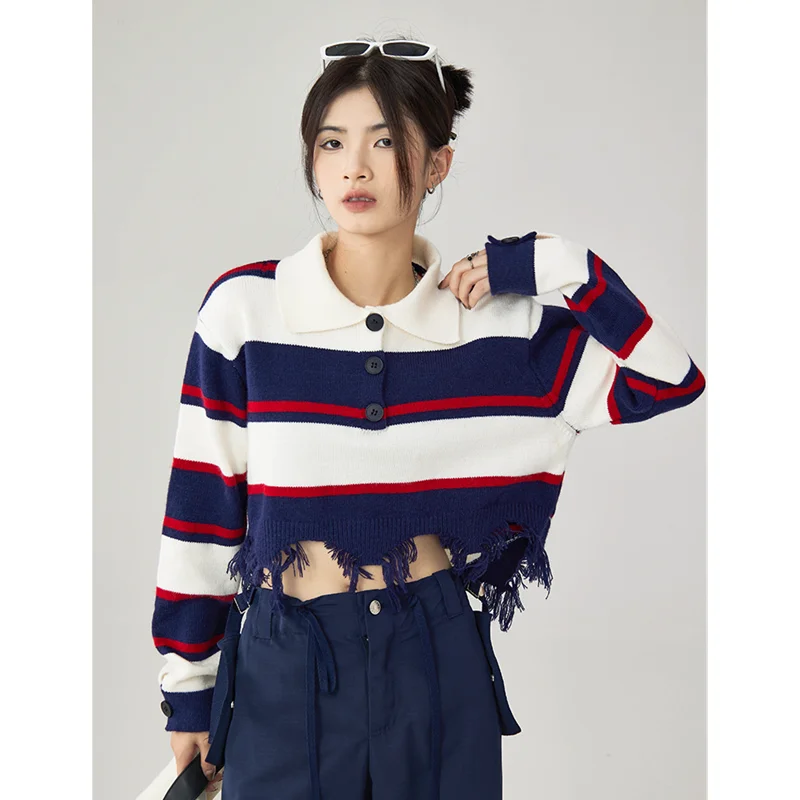 Women Navy Blue Stripe Sweater Short POLO Collar Contrasting Colors Fashion Tassels Leisure Winter Long Sleeves Knitting Tops