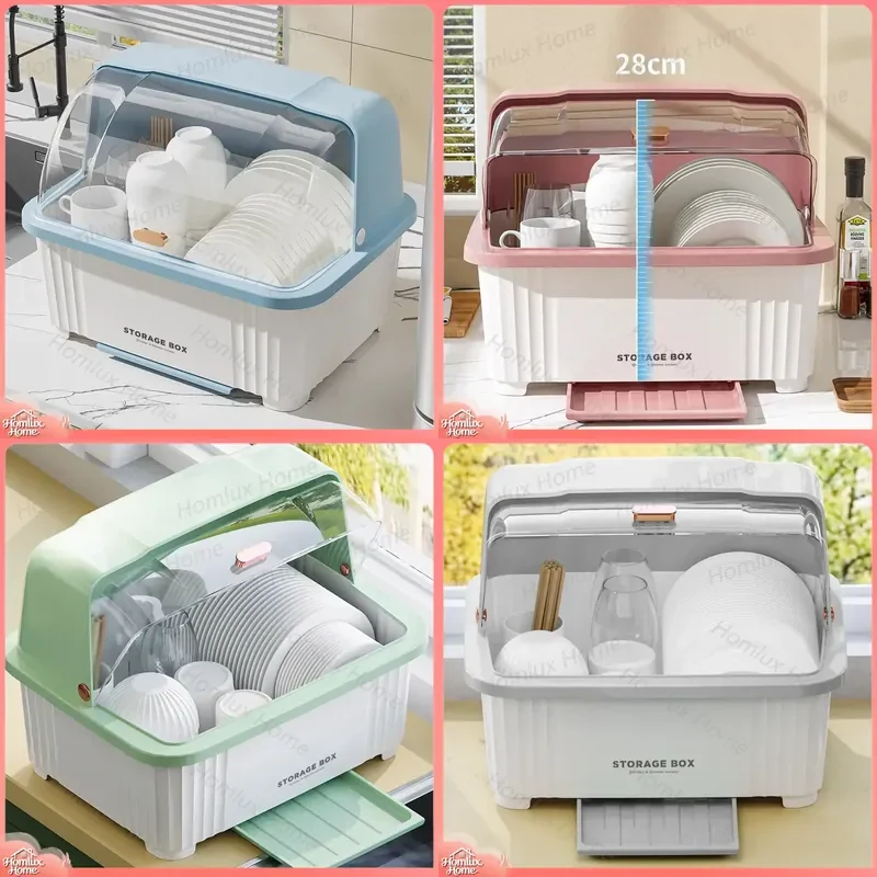 Tableware Storage Box with Lid for Plates Bowls Cups Kitchen Organizer Dish Rack Countertop Drain Rack Stackable Utensil