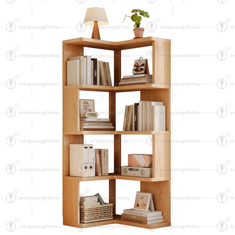 Solid Wood Corner Shelf, Multi-Layer Storage Bookcase, Living Room Display Rack