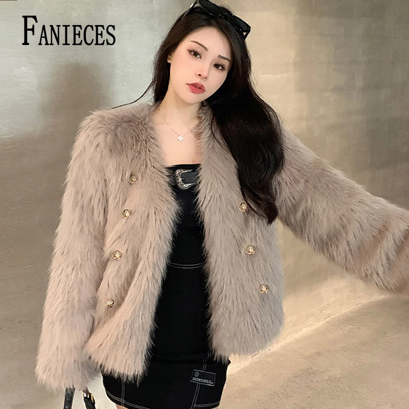 

FANIECES Elegant Faux Fur Coat Cardian Winter Tops Women V Neck Long Sleeve Fur Outerwear Casual Jackets chamarras para mujeres