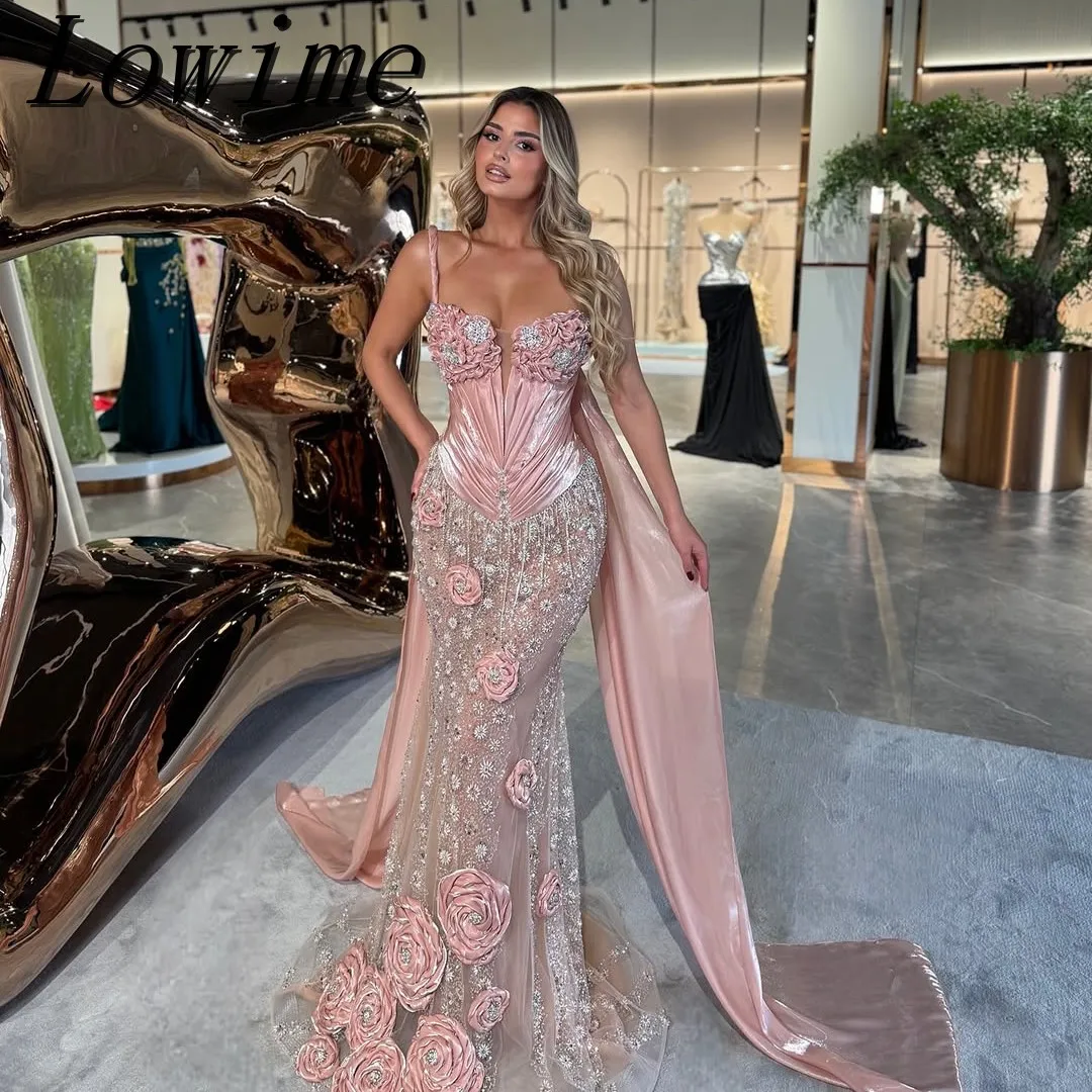 

2025 New Design Pink 3D Flower Haute Couture Luxury Satin Beading Mermaid Prom Party Dress Customized Vintage Celebrity Dress