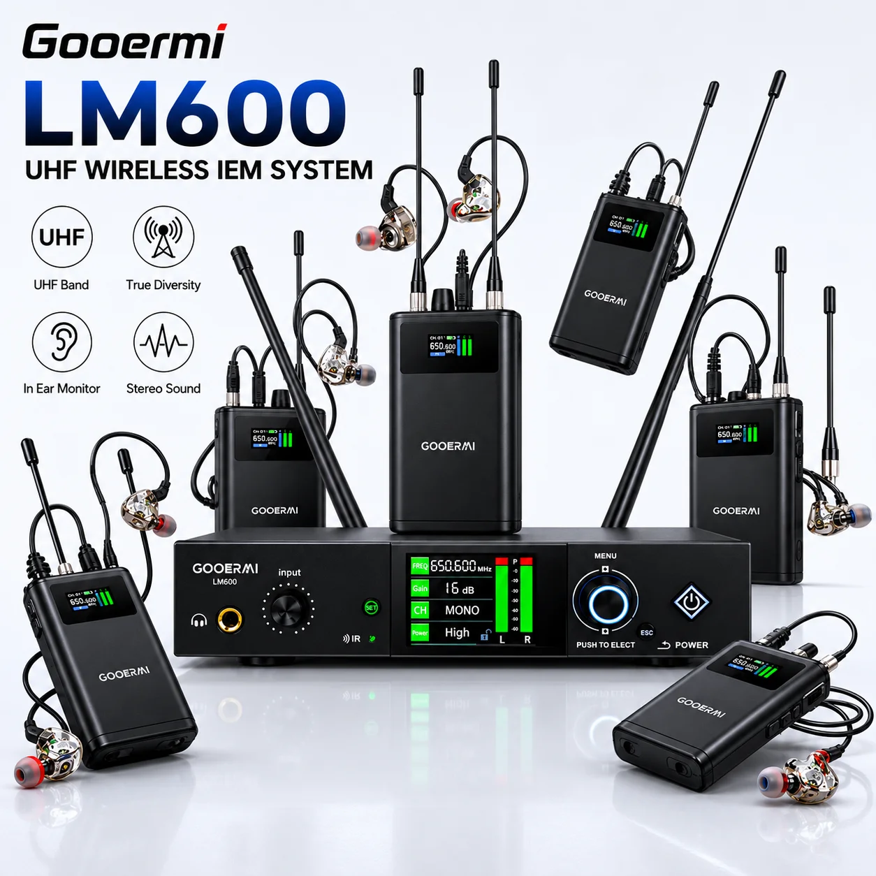 

Gooermi LM600 UHF Wireless IEM System Stereo In Ear Monitor True Diversity for Stage Concert Church Band
