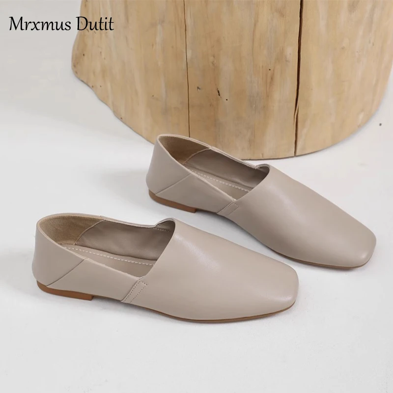 Mrxmus Dutit2024 Summer New Fashion Women Genuine Leather Square Head Flats Solid Simple Comfortable Casual Slip-on Shoes Female