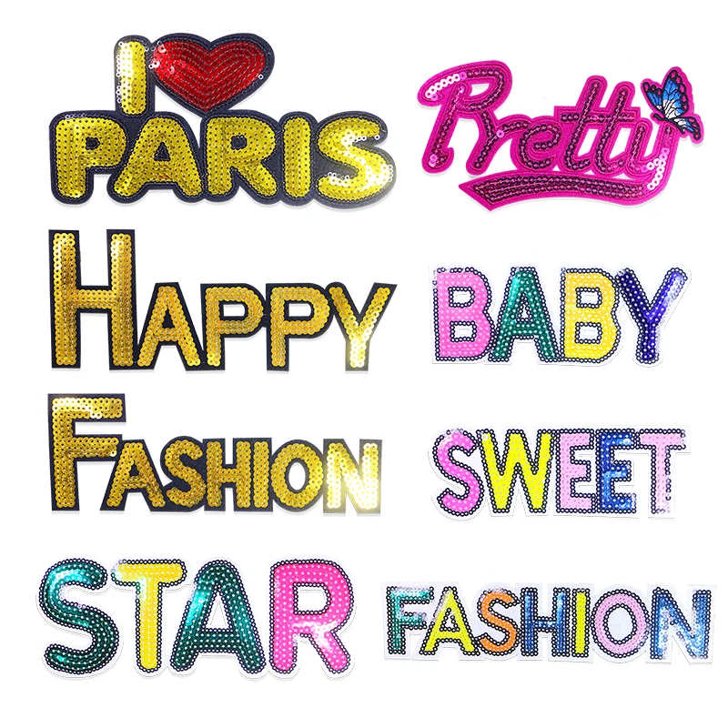 Shiny Happy Fashion Baby Sequin Letter Icon Embroidered Applique Sew on Patch For Clothing DIY Iron on Patches on the stickers