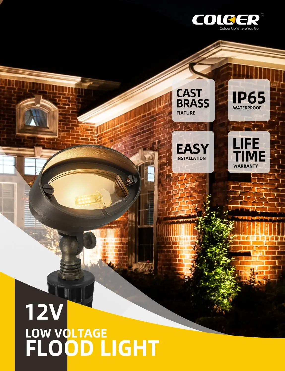 Die-cast Brass LED Landscape Flood Lights Outdoor 6-Pack with Bulb, 3W 9-17 Volt Low Voltage Wall Wash Lighting, Outdoor
