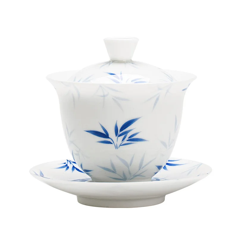 

Hand-painted bamboo leaf Sancai cover bowl ceramic underglaze color thin tire household tea bowl teacup white porcelain