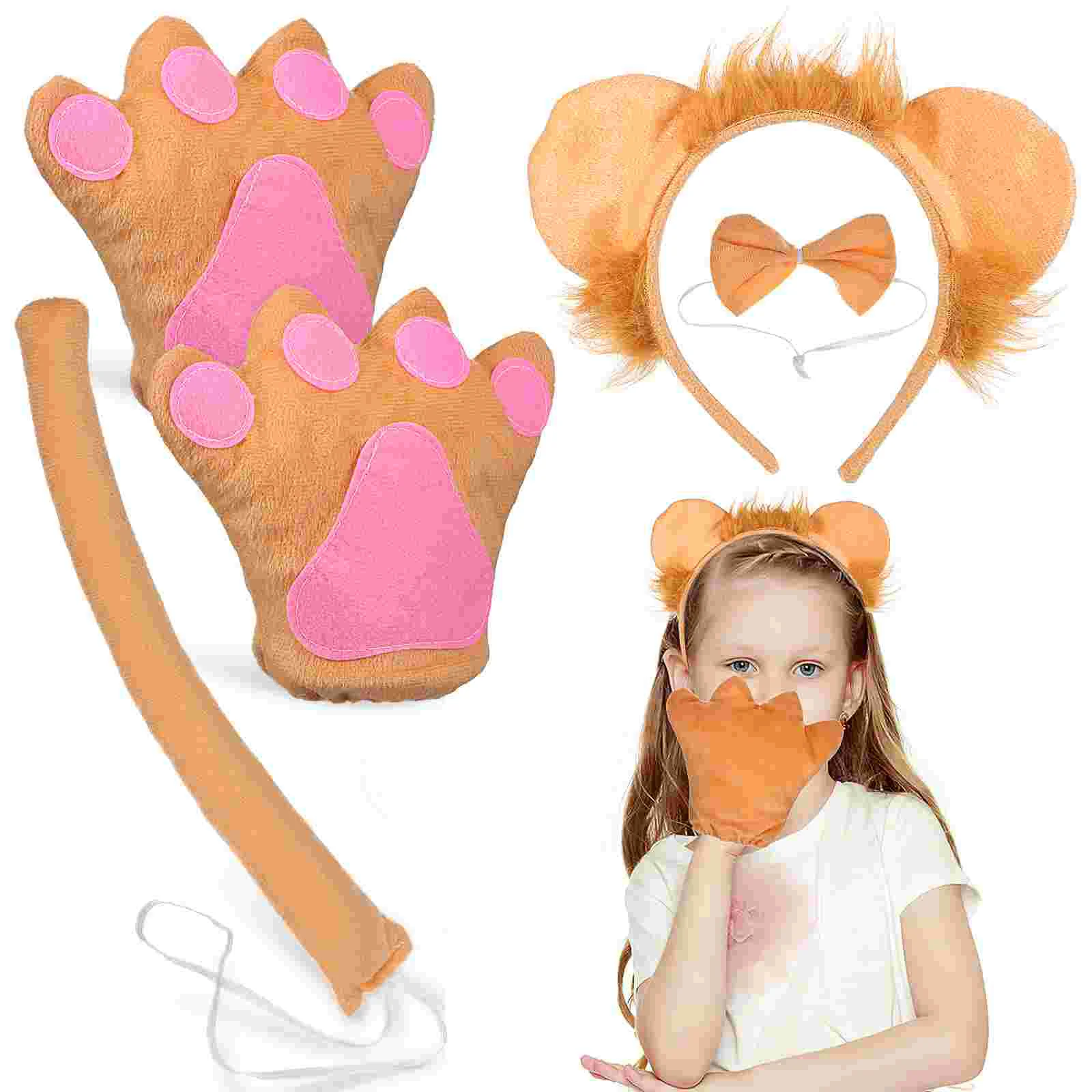 

Lion Headband Gloves Animal Cosplay Prop Jungle Design Ears Headdress Supplies Fabric Bowtie