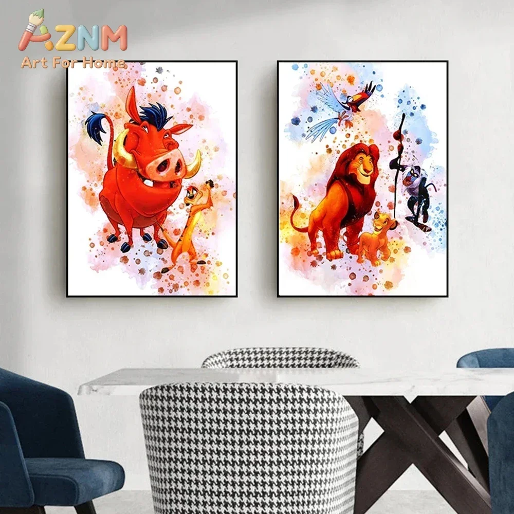 AZNM The Lion King Simba Watercolor Canvas Print Frameless Wall Art Cartoon Animal Poster Kids Room Home Decor Painting
