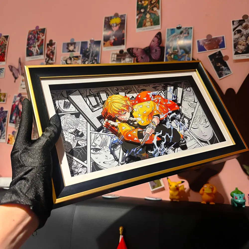 Demon Slayer Agatsuma Zenitsu 3D Paper Sculpture Art with Frame - Thunder Breathing Display, Birthday Gift for Anime Fans