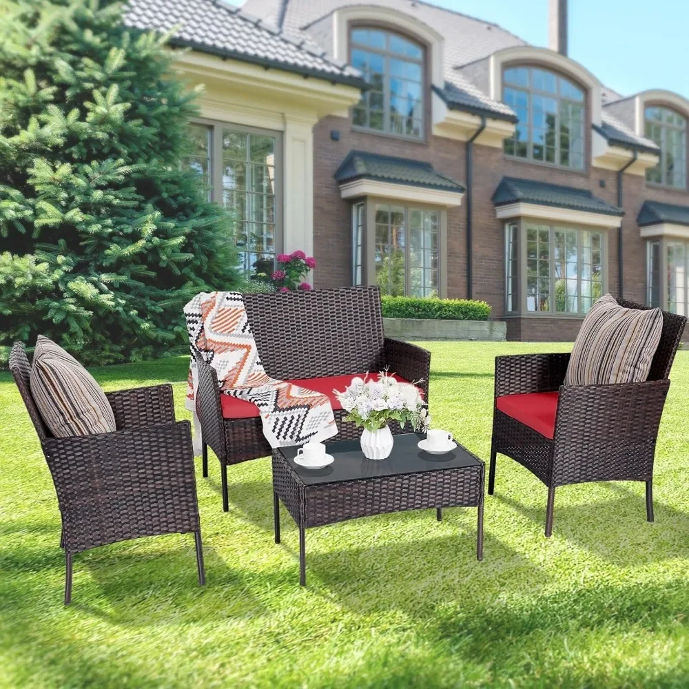 Set 4 Pieces Conversation Sets Wicker Rattan Chairs Garden Backyard Balcony Porch Loveseat and Tempered Glass Table(Brown/Red)