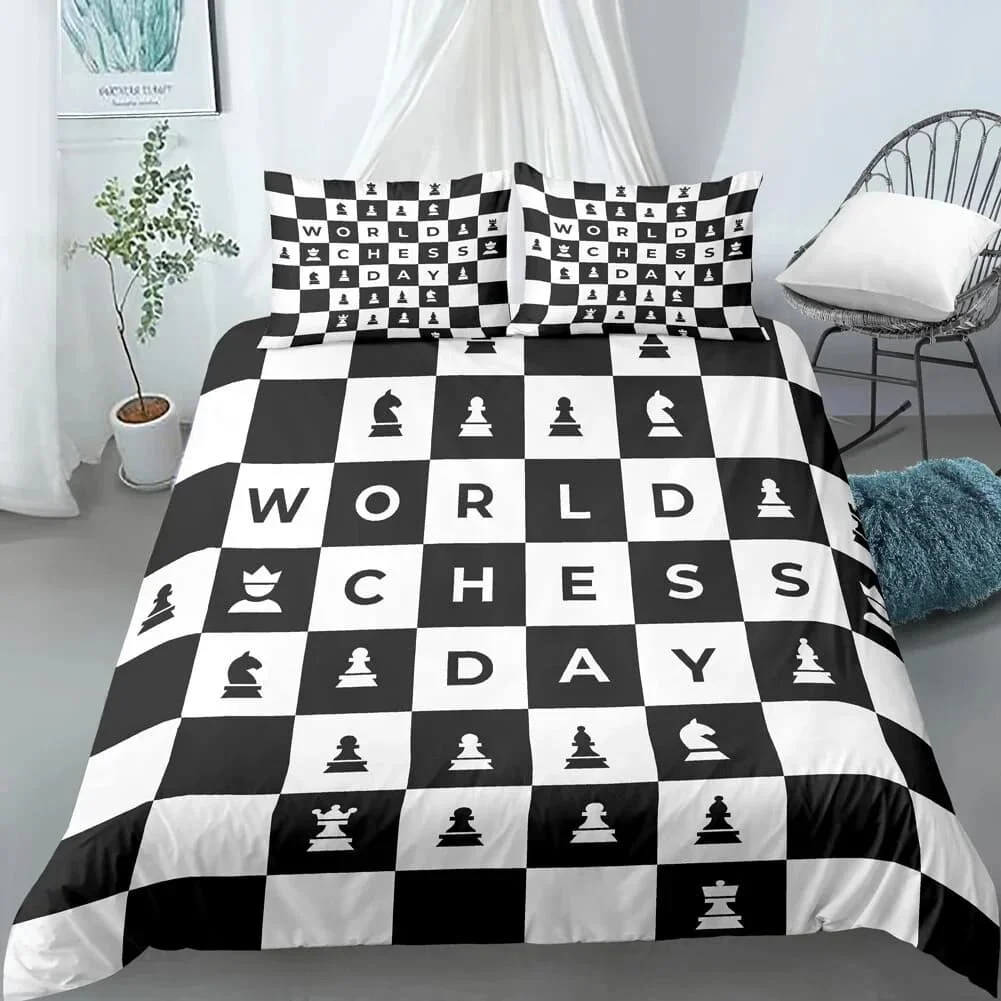 

Chess Board Duvet Cover Set Print International Chess Black White Comforter Cover for Kids Boys Bedding Set Warm and Comfortable