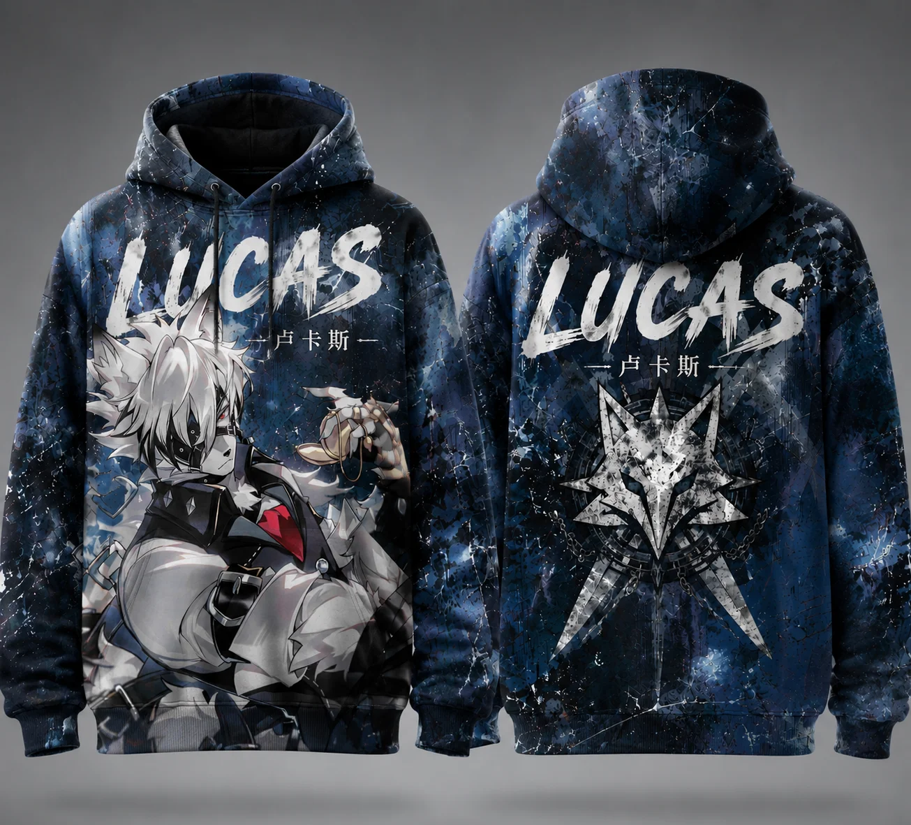 Dark Anime Wolf Character All‑Over Print Hoodie, Grunge Graphic Pullover Sweatshirt, Polyester Casual Hooded Tops For Men