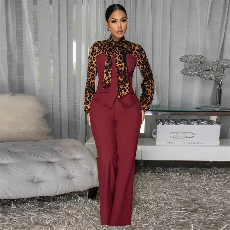 Doyerl Tute stile camicia patchwork leopardata per donna Elegante vintage manica lunga vita alta pagliaccetti interi tuta da donna