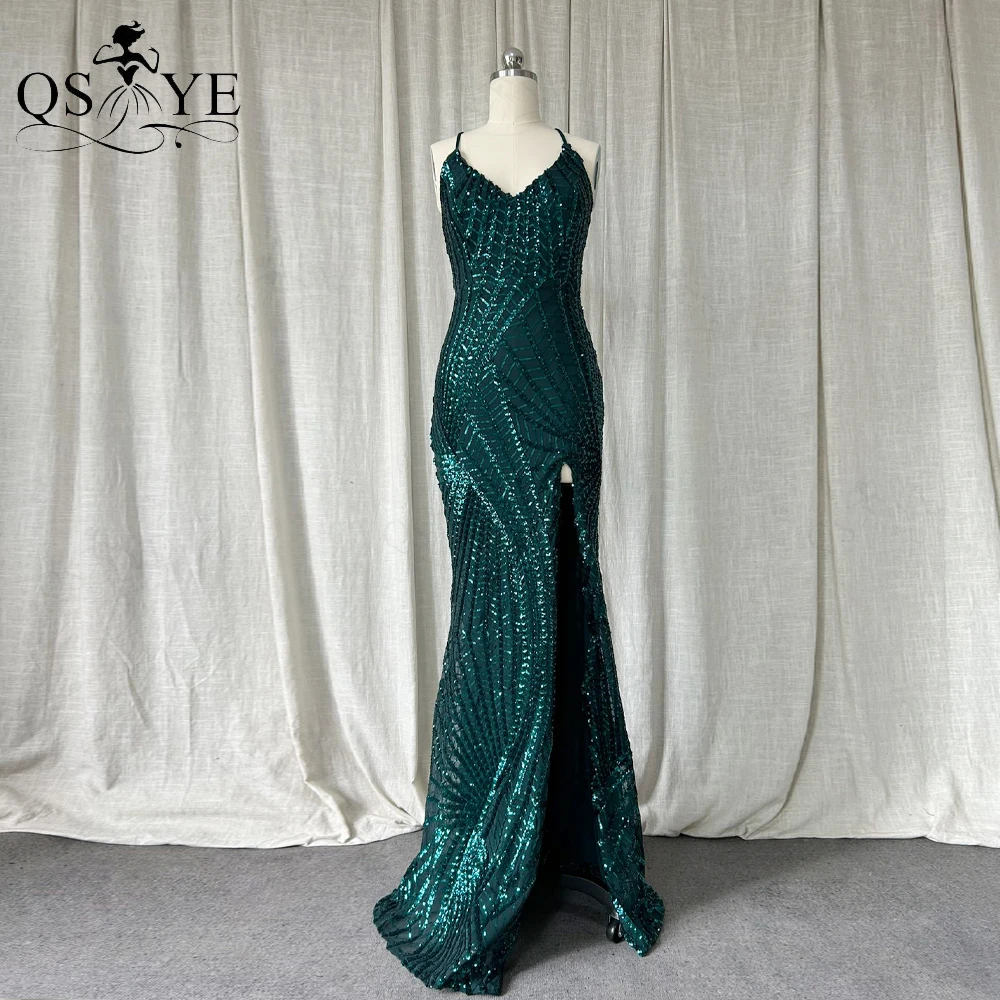 

Sexy V neck Green Evening Dresses Halter Straps Sequin Prom Gown Pattern Lace Open Low Back Woman Front Split Girl Party Dress