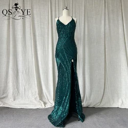 Sexy V neck Green Evening Dresses Halter Straps Sequin Prom Gown Pattern Lace Open Low Back Woman Front Split Girl Party Dress