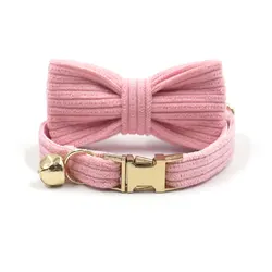 Cute Pink Velvet Cat Collar With Bell Puppy Chihuahua Necklace Adjustable Bow Dog Collar Engraved Buckle Customize Cat Necklace