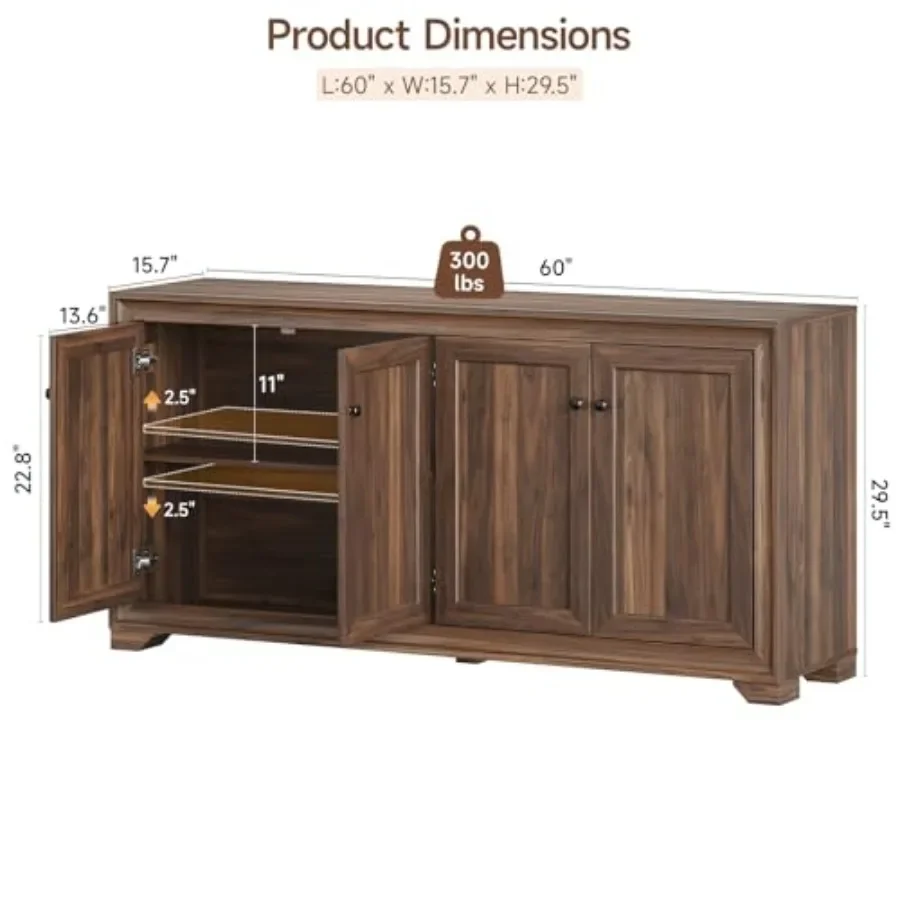 60 Buffet Cabinet with Storage for Dining Room, Wood Finish, Espresso, Soft-Close Doors Adjustable Shelves