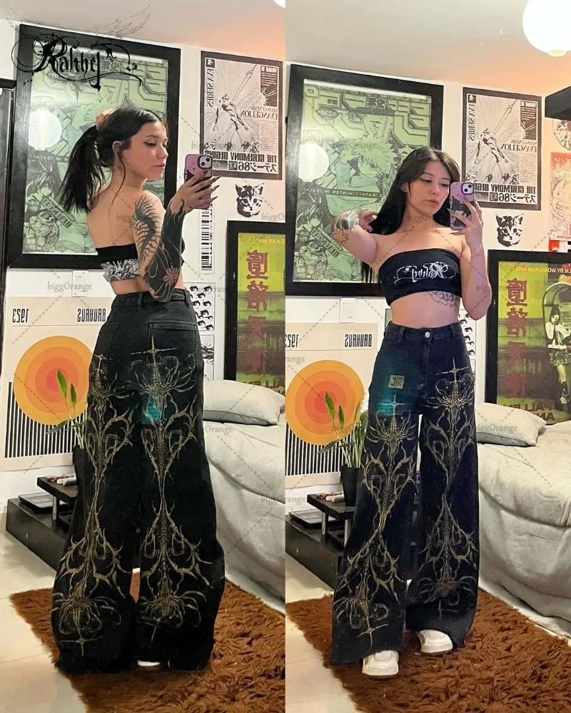 Pantalones vaqueros holgados Retro americanos con gráficos góticos Harajuku de cintura alta y piernas anchas para mujer, ropa de calle de moda, pantalones Harajuku Y2K