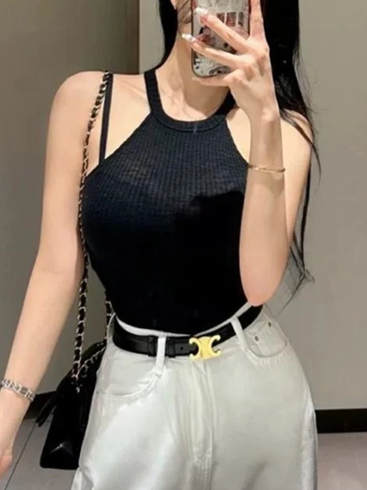 Women Fashion Figure Flattering Sleeveless Camis Korean New Arrival Elegant Slim O-Neck Tank Top Halter Off Shoulder Crop Top