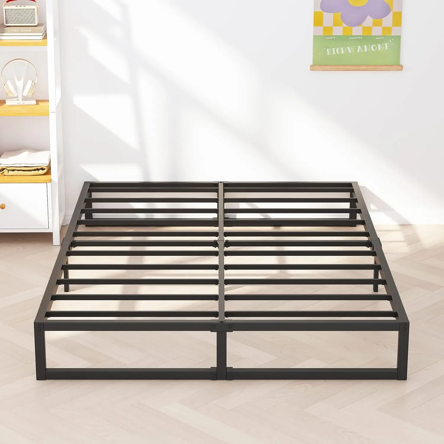 

8 H Queen Bed Frame Metal Platform Mattress Foundation With Steel Slat Support, No Box Spring Ned, Easy Assembly, Bla