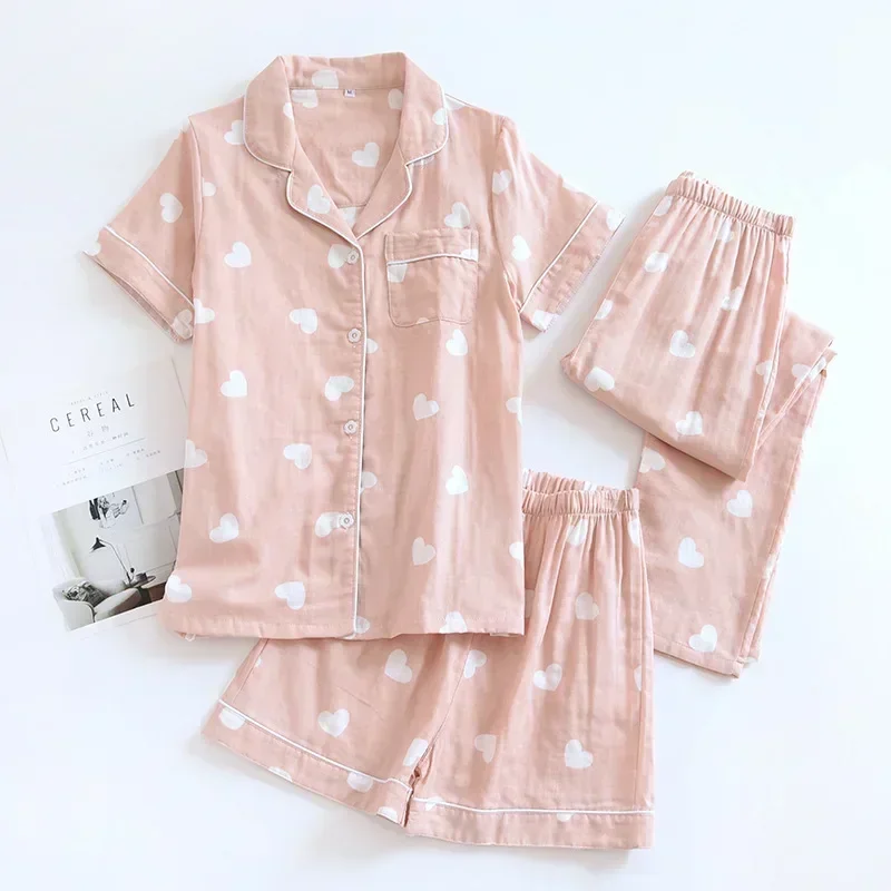 Three-piece Japanese-style pajamas women spring and summer autumn 100% cotton gauze short-sleeved shorts trousers summer suit ho