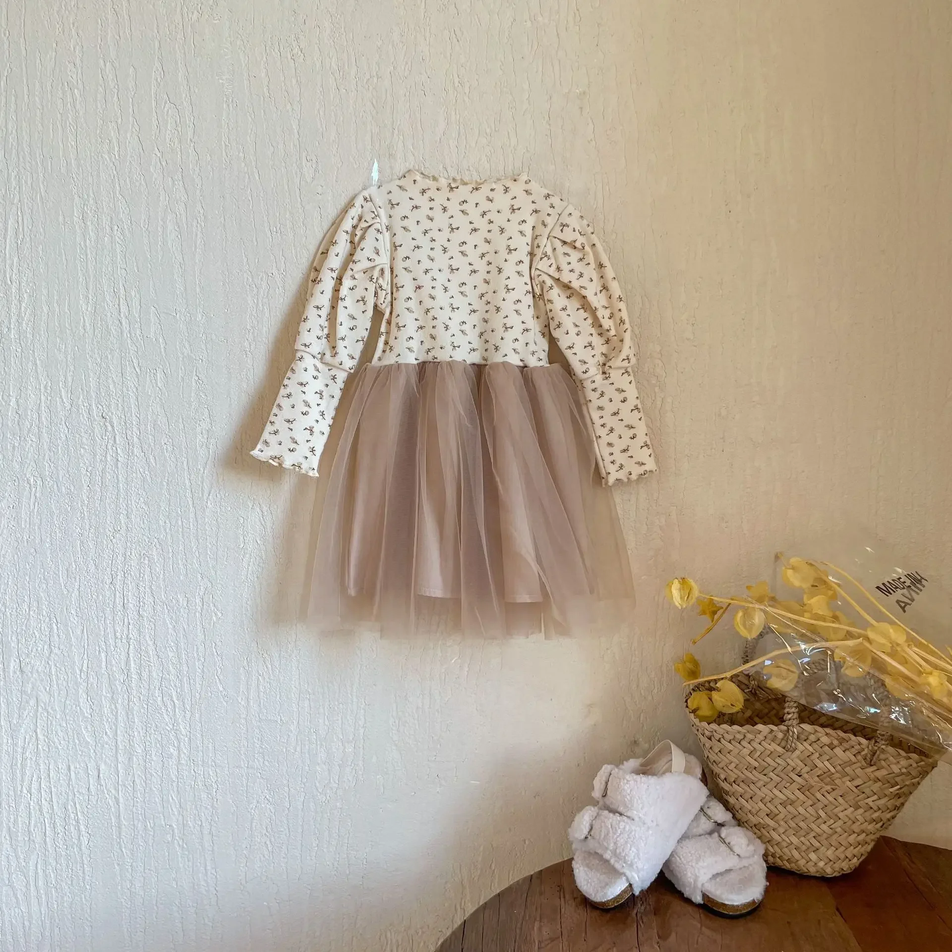 Spring Autumn Girls Dress Puff Sleeve Floral Mesh Dress Korean Style Girls Clothes