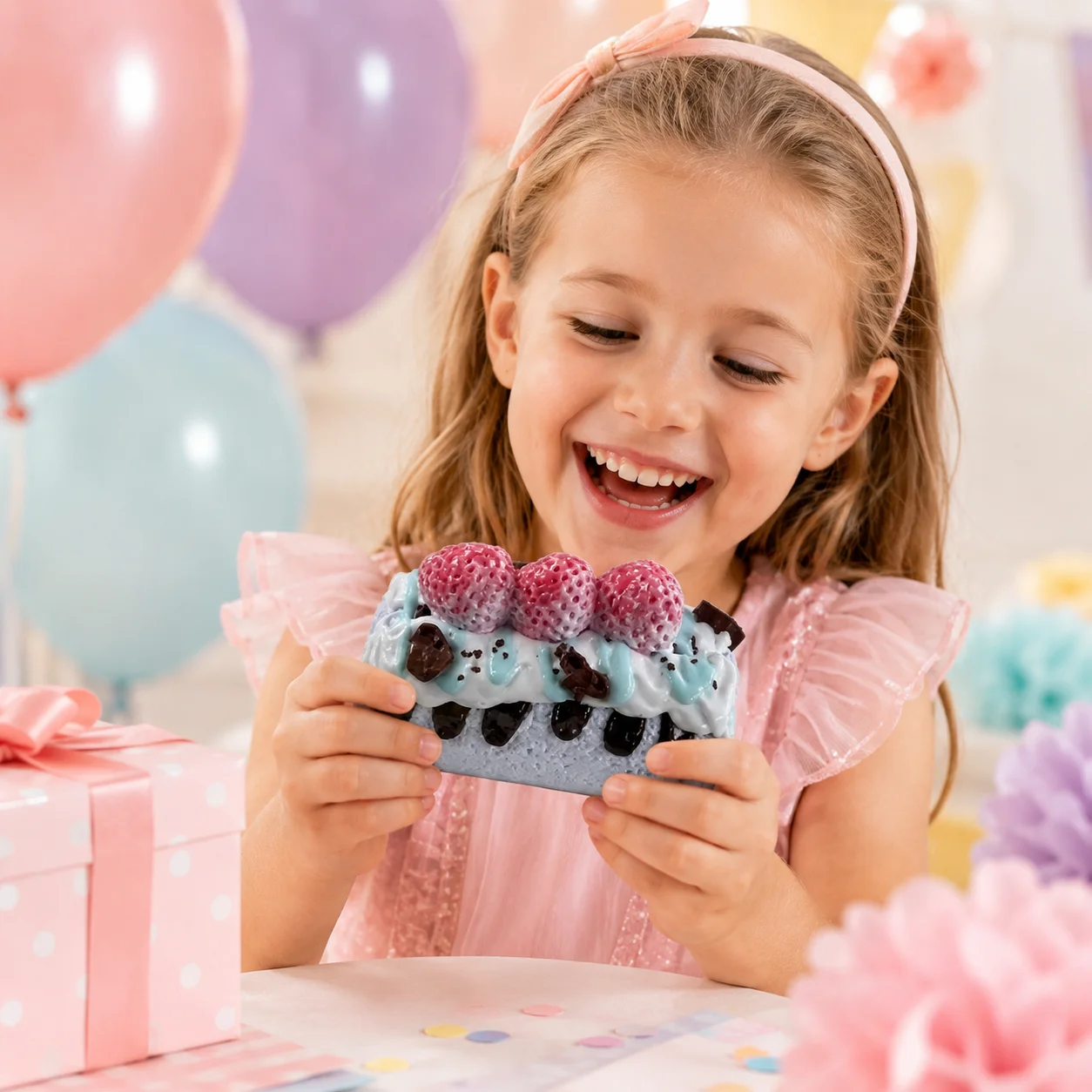 Food Grade Silicone Light Purple Sponge Cake Squishy Toy Frost Strawberry Chocolate Block Sprinkle Decor Soft Mochi Squeeze Toy
