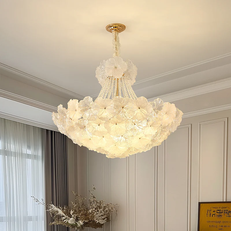 

French Living Room Chandelier Creative Dining Room Master Bedroom Duplex Villa Light Luxury Romantic Glass Flower Pendant Light